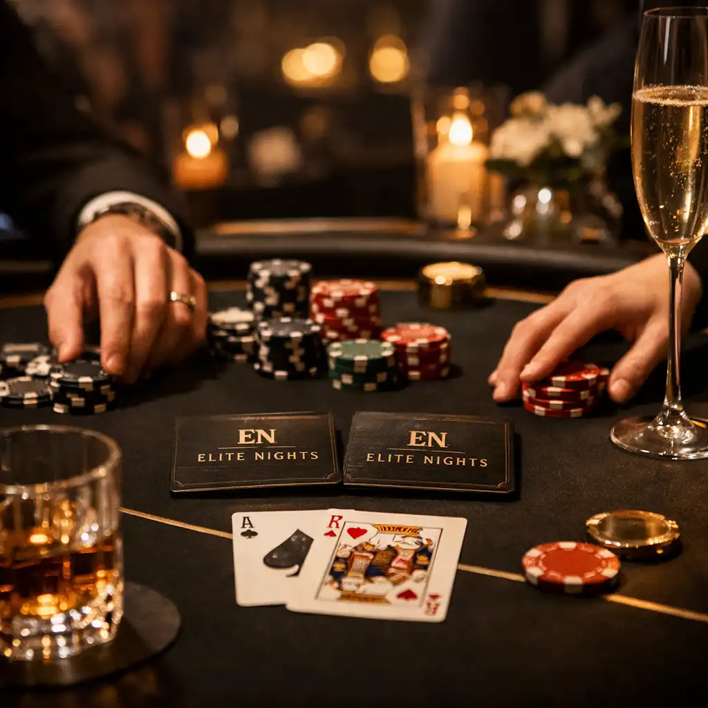 Pokerově laděný večer Tiporava s hosty u osvětleného herního stolu