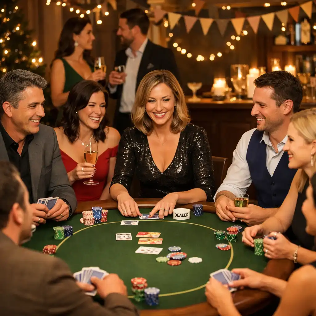 Skupina hostů u pokerového stolu během tematického večírku Tiporava