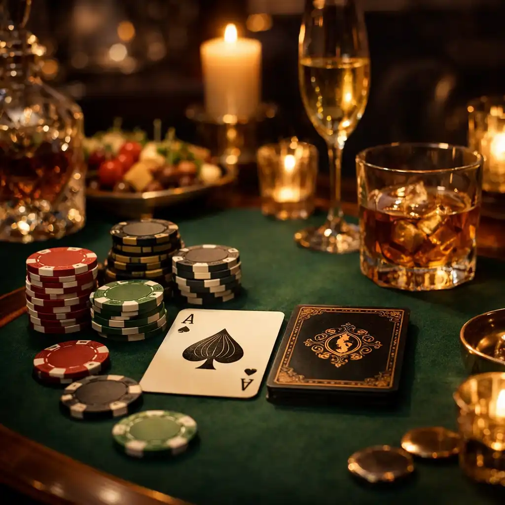 Privátní pokerově laděný stůl s atmosférickým osvětlením na VIP večeru Tiporava