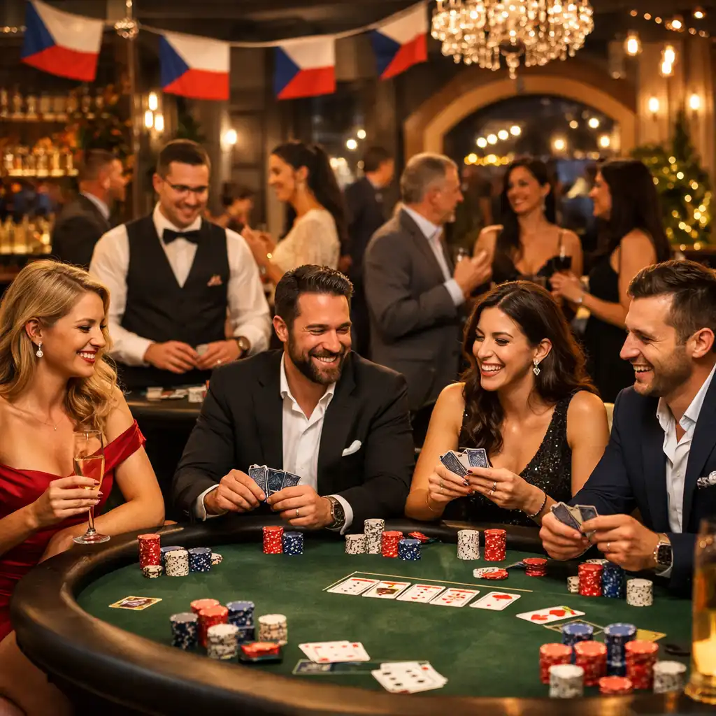 Elegantní pokerově laděný večírek Tiporava se stylově nasvícenými stoly a hosty